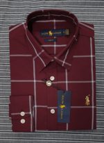 Men’s Slim Fit Checked Formal Shirt – Maroon Ralph Lauren Designer Wear